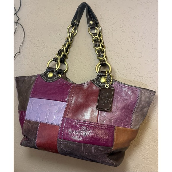 Coach Bleeker Patchwork Tote Leather Multi Brass Shoulder Bag Boho Retro Suede - Picture 4 of 12